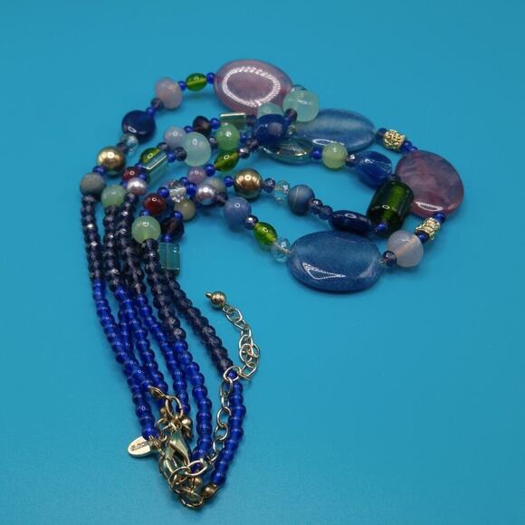 Chico’s Three Strand Gemstone Glass Beaded Necklace Blue Green Purple 22” - Picture 9 of 10